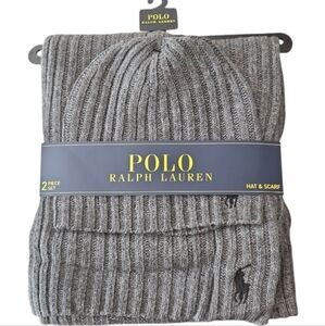 POLO RALPH LAUREN Gray/Black Embroidered Pony Logo 2 Pc Wool Hat & Scarf…